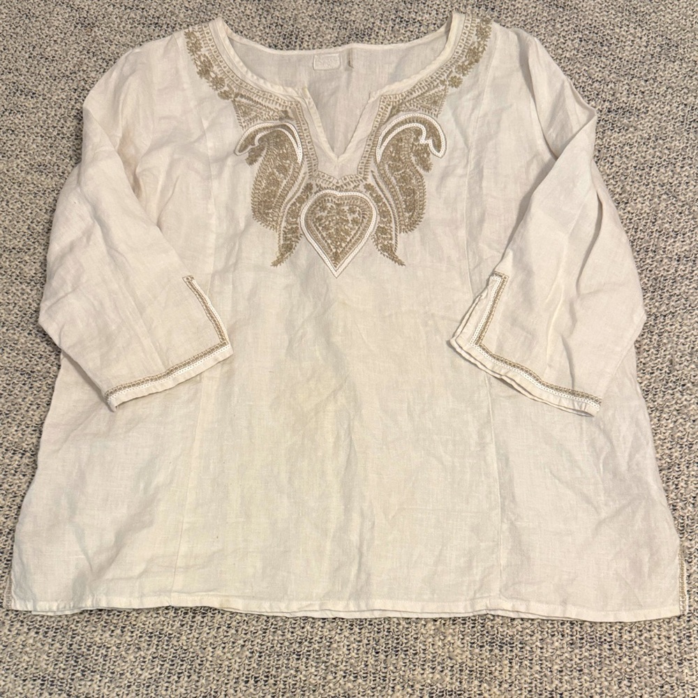 Boho Embroidered Natural Linen Tunic Top – Size XL